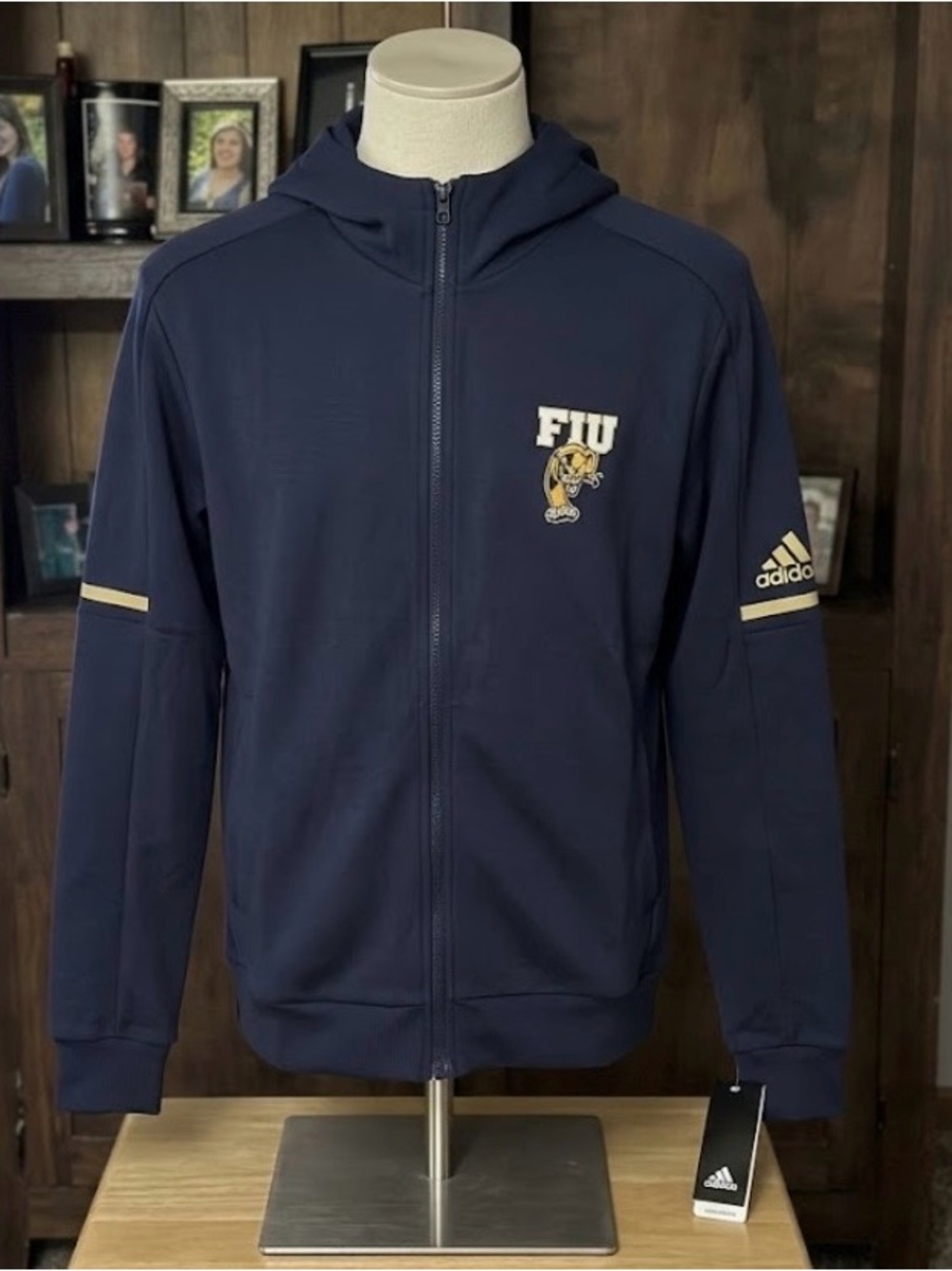 adidas Navy Full-Zip FIU Hooded Sweater with Gold Accents
